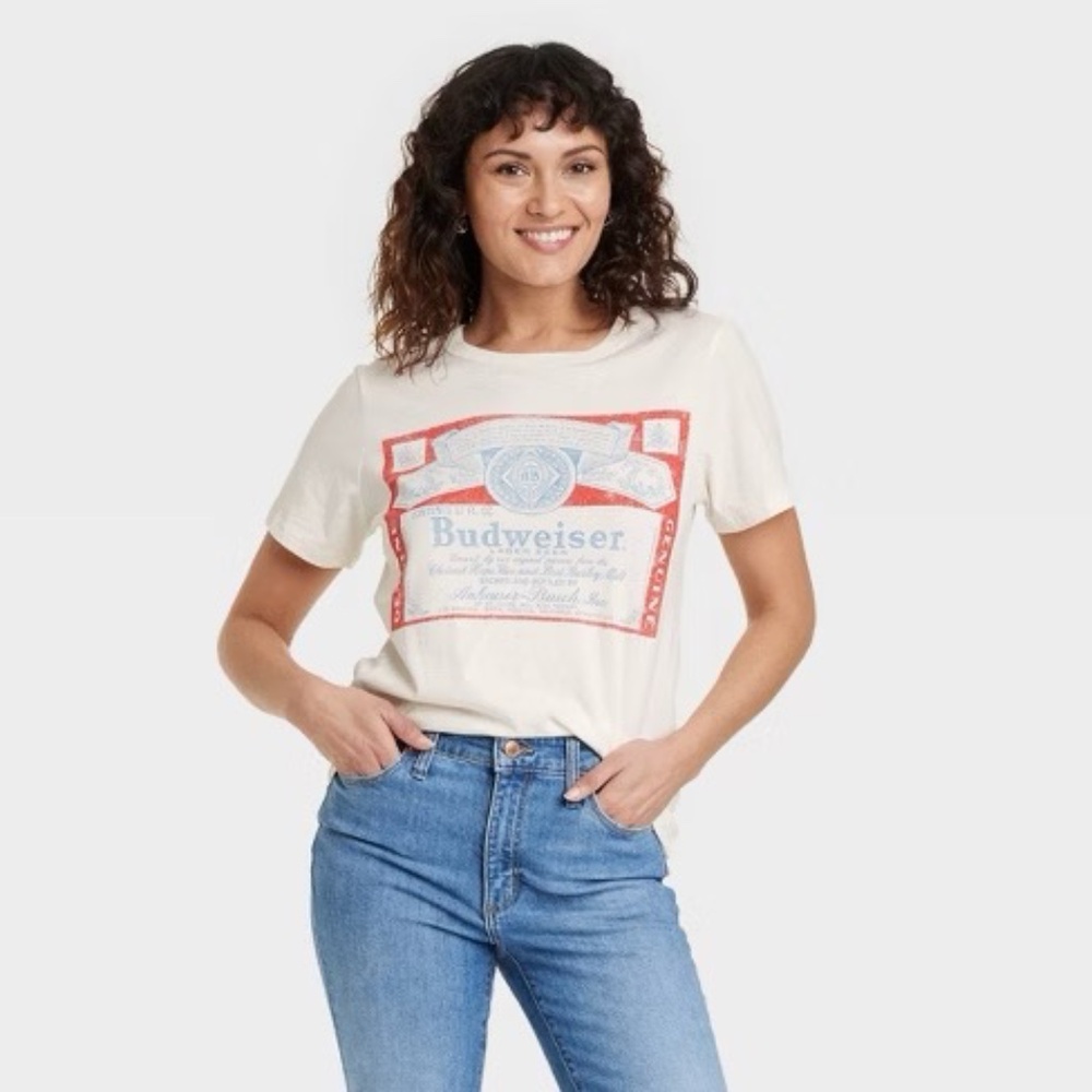 Budweiser Graphic Tee XS Vintage Label Print Cream Short Sleeve‎ T Shirt